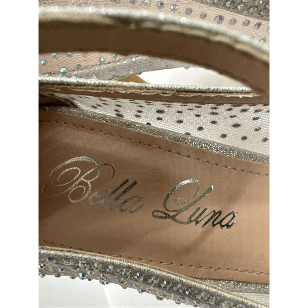 Bella Luna Silver Mesh Jeweled Heel Stiletto narrow Open Toe Shoes Size 7.5